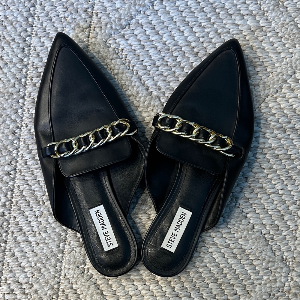 Steve Madden Black Mules with Gold Chain Accent